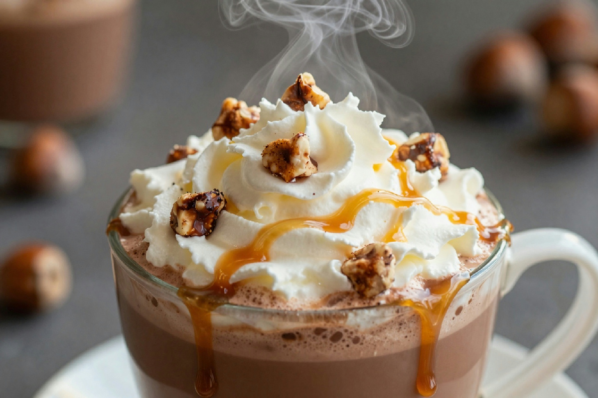 Cioccolata calda al caramello con panna montata e guarnizione di nocciole tostate